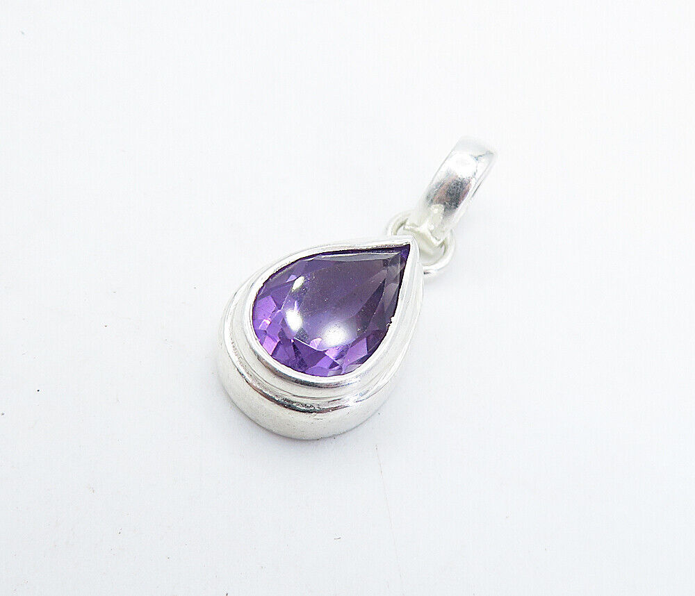 925 Sterling Silver - Faceted Pear Shape Amethyst Shiny Drop Pendant - PT5045