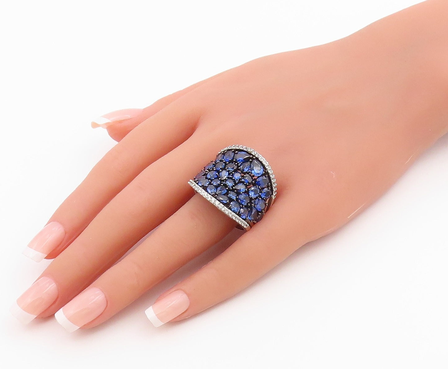 925 Sterling Silver Vintage Ring Sapphire Wide Cluster Band  Sz 12.5  RG36464