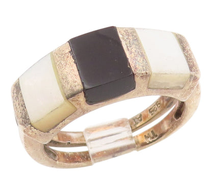 925 Sterling Silver Vintage Ring Mother Of Pearl & Onyx Inlay  Sz 7.5  RG36251