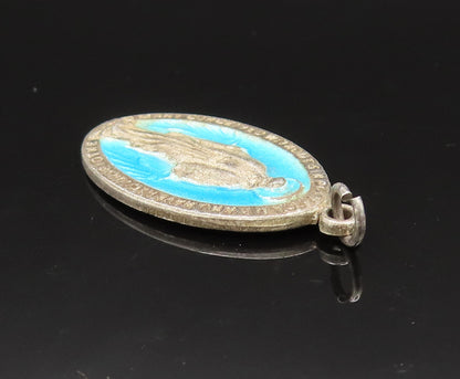 925 Silver  Vintage Antique Enamel Saint Mary Religious Medal Pendant  PT21124