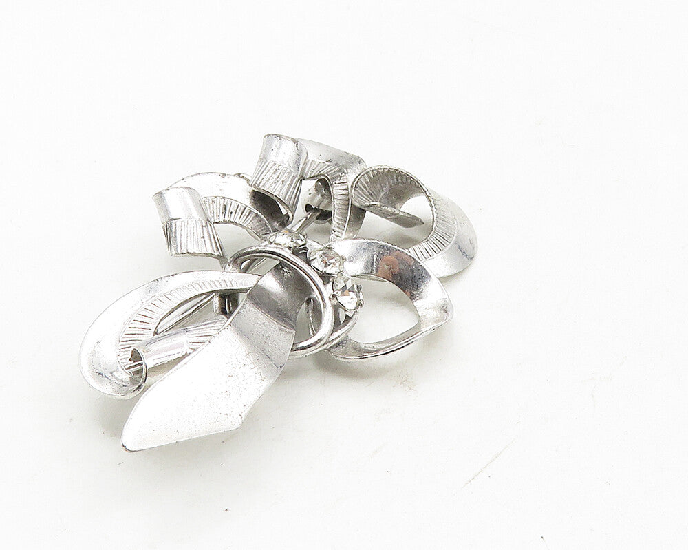 CARL ART 925 Sterling Silver  Vintage Cubic Zirconia Ribbon Brooch Pin  BP3765