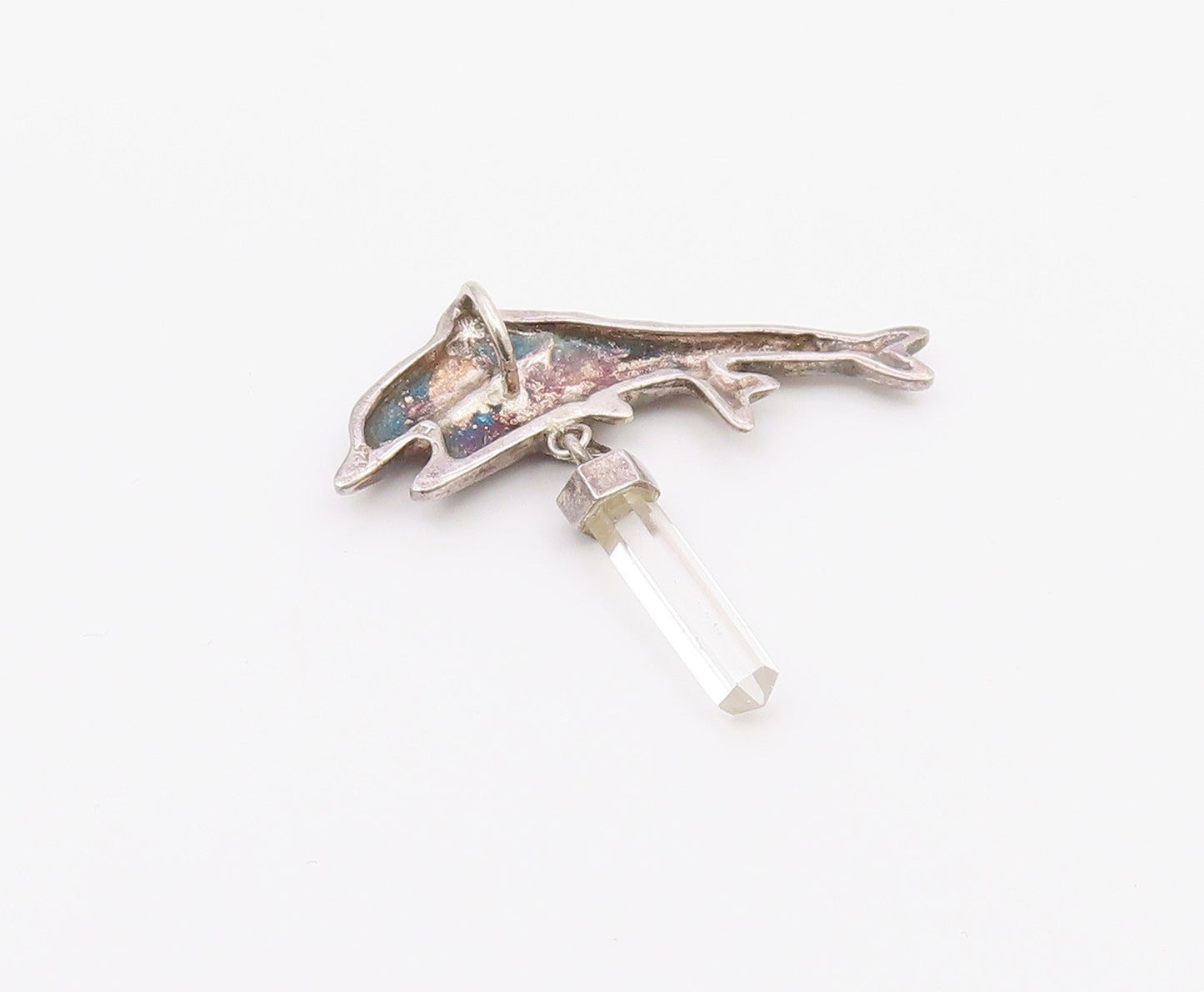 925 Sterling Silver  Vintage White Topaz Wand Double Dolphins Pendant  PT15846