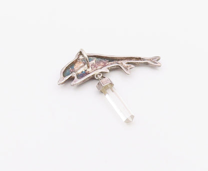 925 Sterling Silver  Vintage White Topaz Wand Double Dolphins Pendant  PT15846