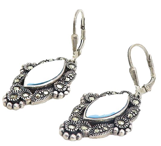 925 Sterling Silver  Vintage Mother Of Pearl & Marcasite Drop Earrings  EG4447