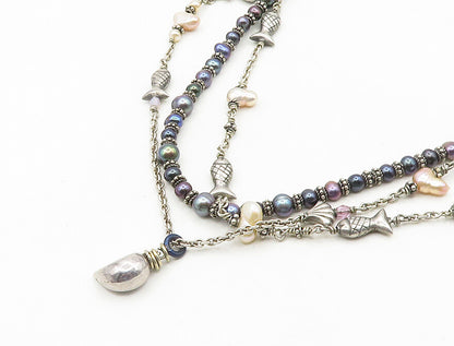 DESIGNER 925 Sterling Silver Vintage Pearls Amethyst Fish Chain Necklace NE3197