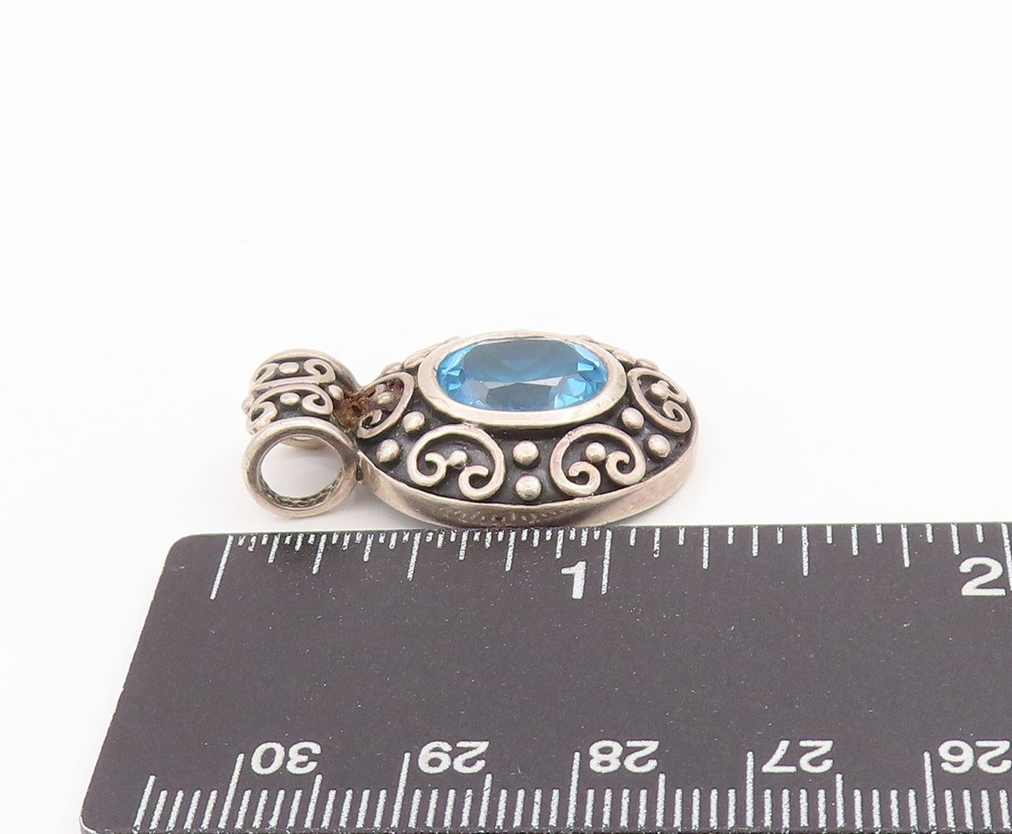 925 Sterling Silver Vintage Pendant Blue Oval Cut Topaz Swirly Carved  PT24413