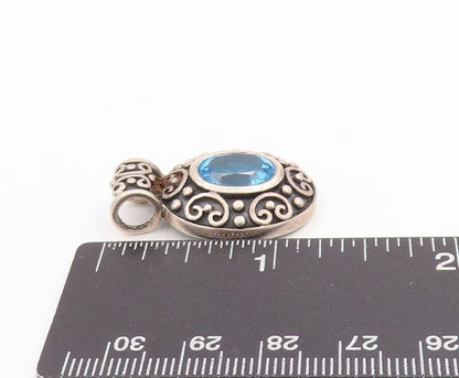 925 Sterling Silver Vintage Pendant Blue Oval Cut Topaz Swirly Carved  PT24413