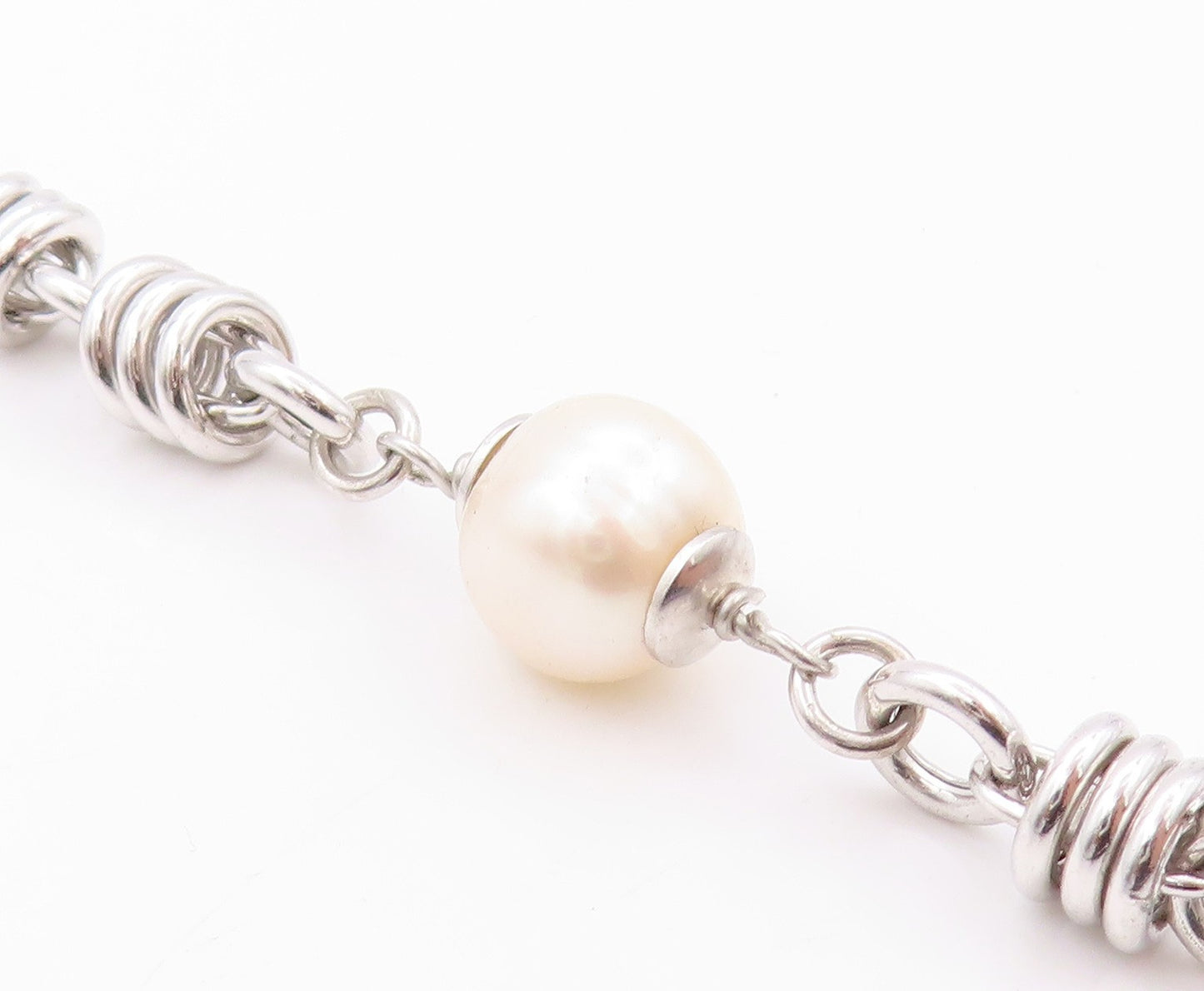925 Sterling Silver Vintage Necklace Modernist Ring Chain Pearls Linked  NE4562