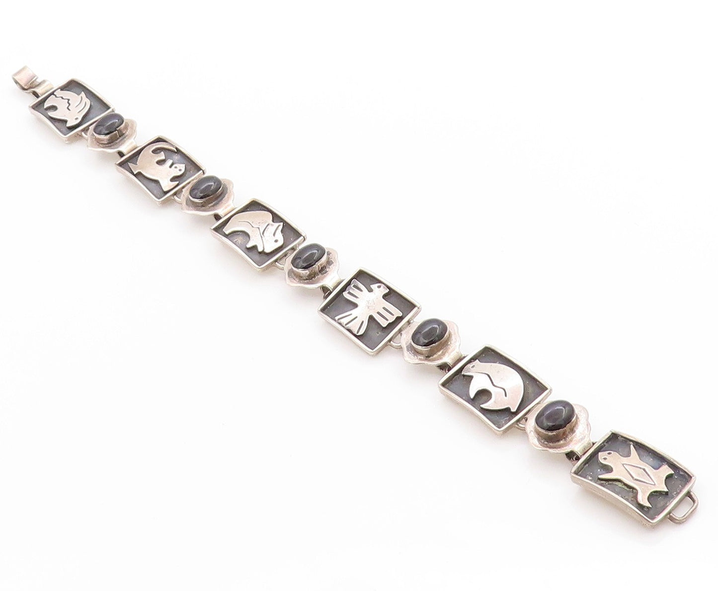 925 Sterling Silver Vintage Bracelet MEXICO Onyx Animals Motif Design  BT11364