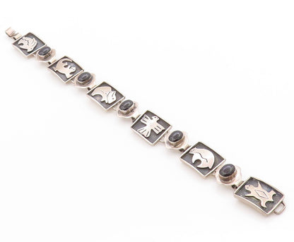 925 Sterling Silver Vintage Bracelet MEXICO Onyx Animals Motif Design  BT11364