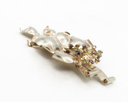925 Sterling Silver  Vintage Amethyst & Topaz Flower Motif Brooch Pin  BP3936