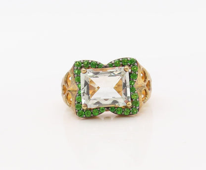 925 Sterling Silver Vintage Ring Gold Plated White  & Green Topaz  Sz 7  RG30632