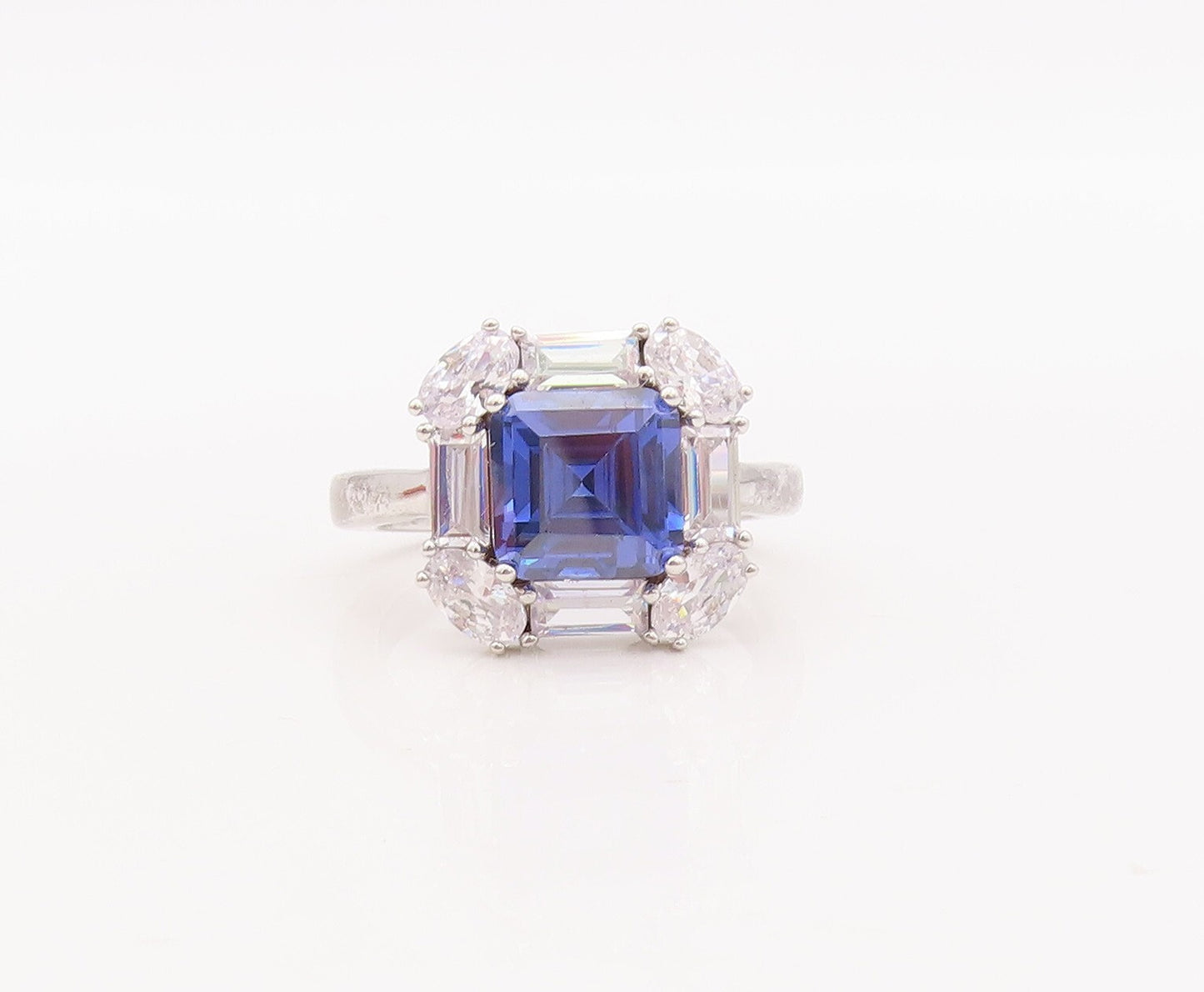 925 Sterling Silver Vintage Ring Square Cut Sapphire Halo Topaz  Sz 7 RG29304