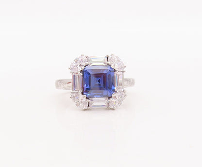 925 Sterling Silver Vintage Ring Square Cut Sapphire Halo Topaz  Sz 7 RG29304