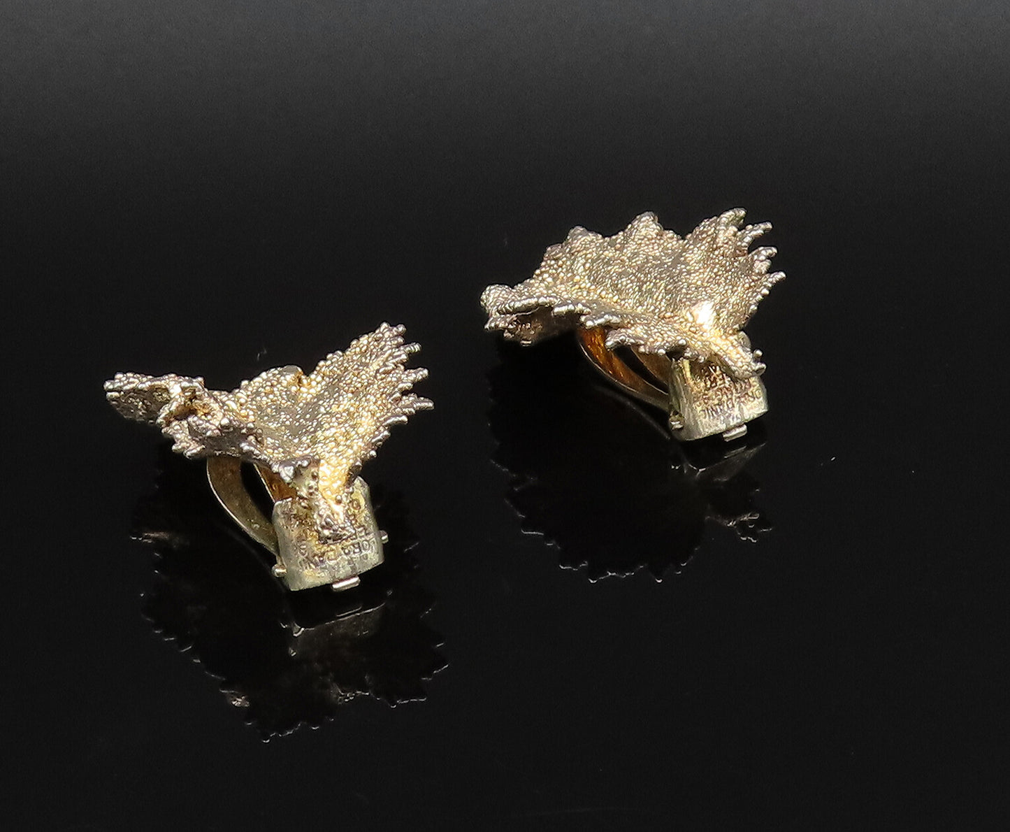 925 Silver  Vintage Gold Plated Textured Leaf Non Pierced Earrings  EG12038