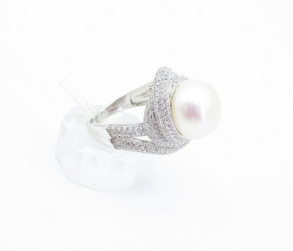 925 Sterling Silver  Pearl & Cubic Zirconia Swirl Cocktail Ring Sz 6  RG3795