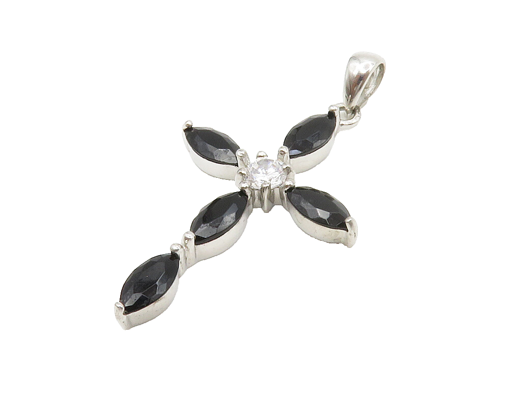 925 Sterling Silver  Hematite & Cubic Zirconia Religious Cross Pendant PT10875