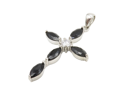925 Sterling Silver  Hematite & Cubic Zirconia Religious Cross Pendant PT10875