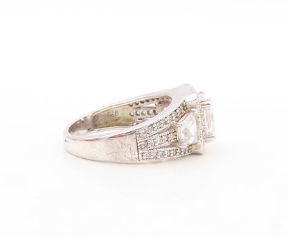 925 Sterling Silver Vintage Ring Designer Square Cut CZ Inlay  Sz 7  RG30936