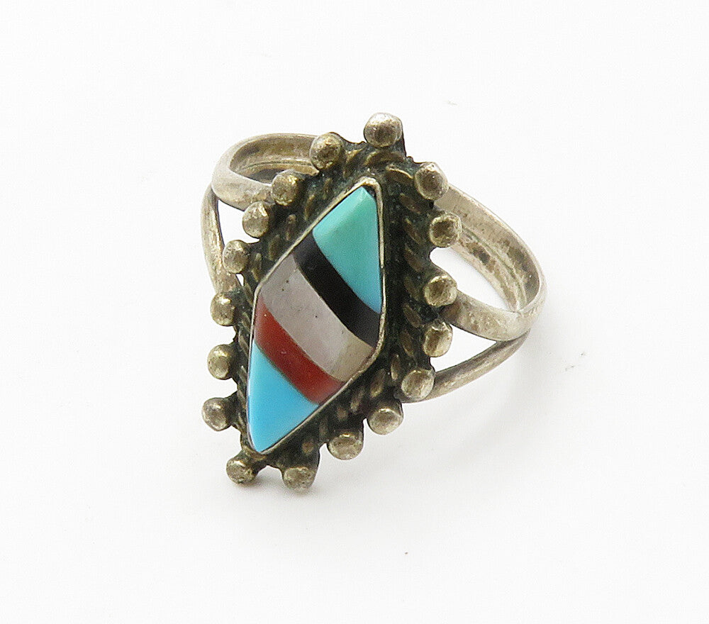ZUNI 925 Silver Vintage Turquoise & Multi Stone Cocktail Ring Sz 6.5 RG15274