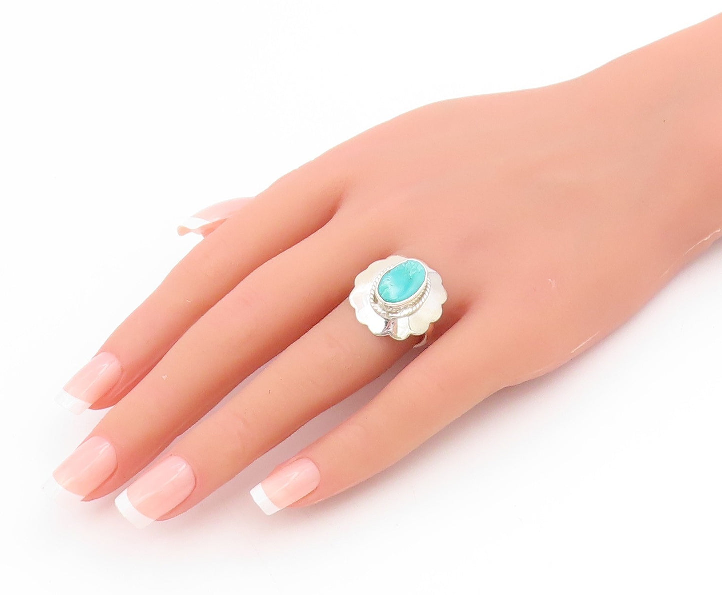 925 Sterling Silver Vintage Ring Turquoise Concha Flower Band  Sz 6  RG34419