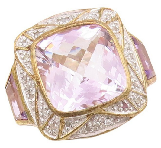 925 Sterling Silver Vintage Ring Gold Plated Diamonds & Amethyst  Sz 7.5 RG30626