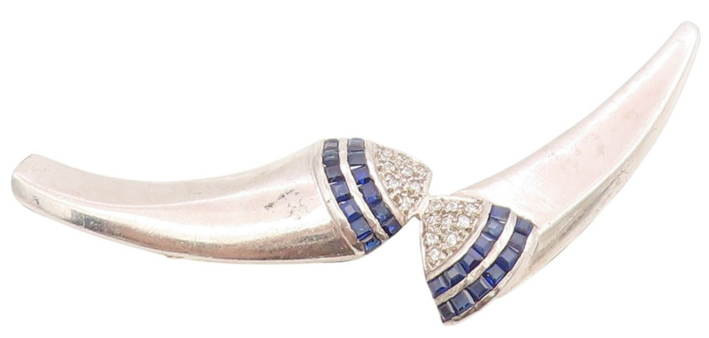 925 Sterling Silver Vintage Brooch Pin Real Diamonds & Sapphire Curves  BP12192