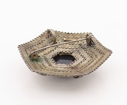 925 Sterling Silver Vintage Brooch Pin ISRAEL Onyx Geometric Filigree  BP12569