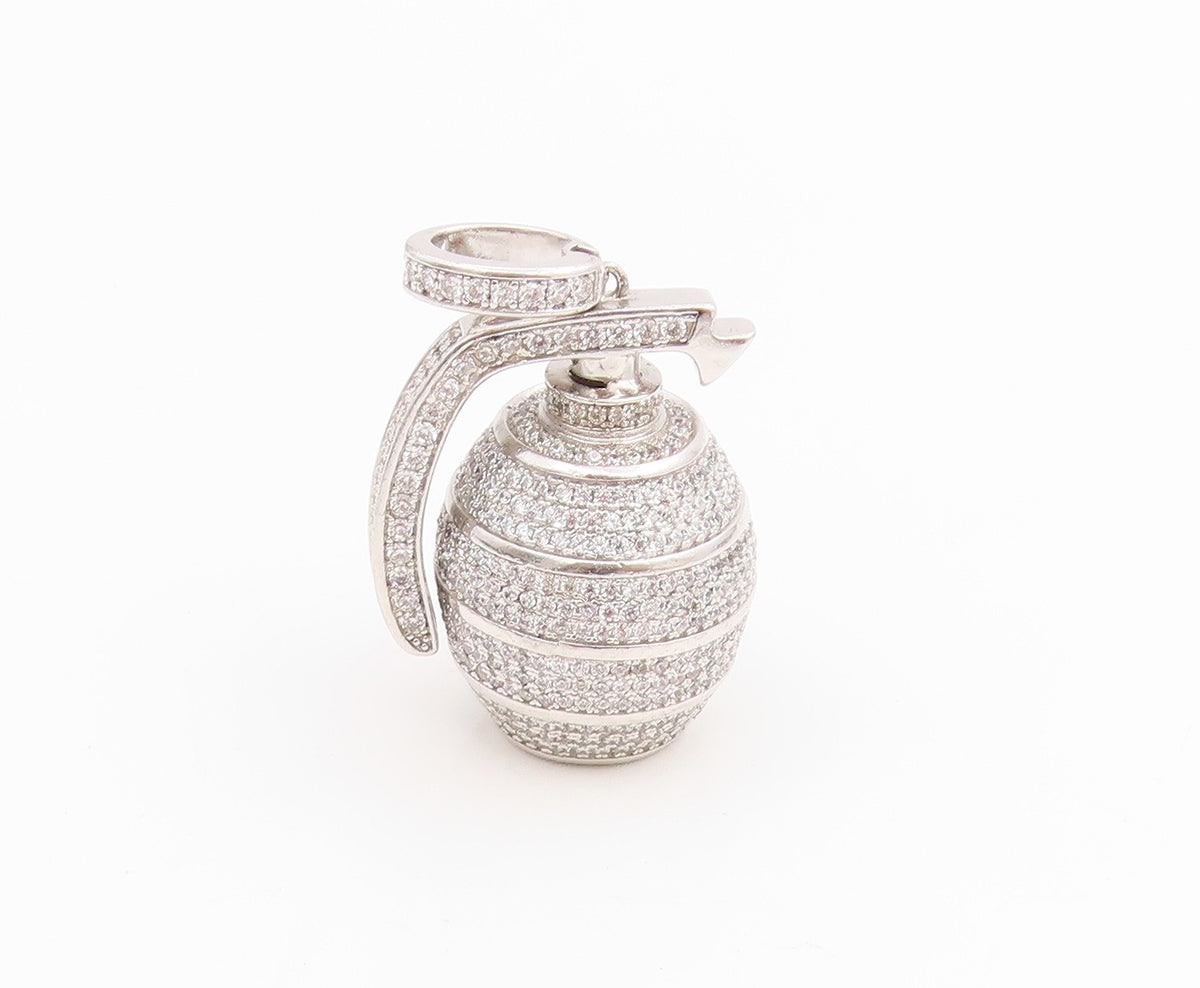 925 Sterling Silver Vintage Pendant Round CZ Cluster Grenade Bomb Charm  PT25634