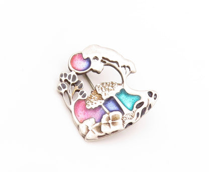925 Sterling Silver Vintage Brooch Enameled Forest Landscape Cutout  BP11507