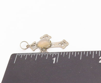925 Sterling Silver Vintage Pendant Antique Gemstone Carved Cross  PT24272