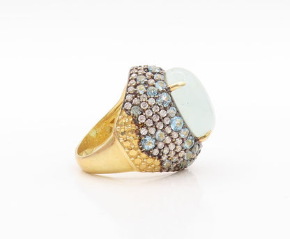 925 Sterling Silver Vintage Ring Gold Plated Gemstone & Blue CZ  Sz 7  RG30905