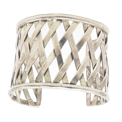 MEXICO 925 Sterling Silver  Vintage Shiny Open Weaved Cuff Bracelet  BT7137
