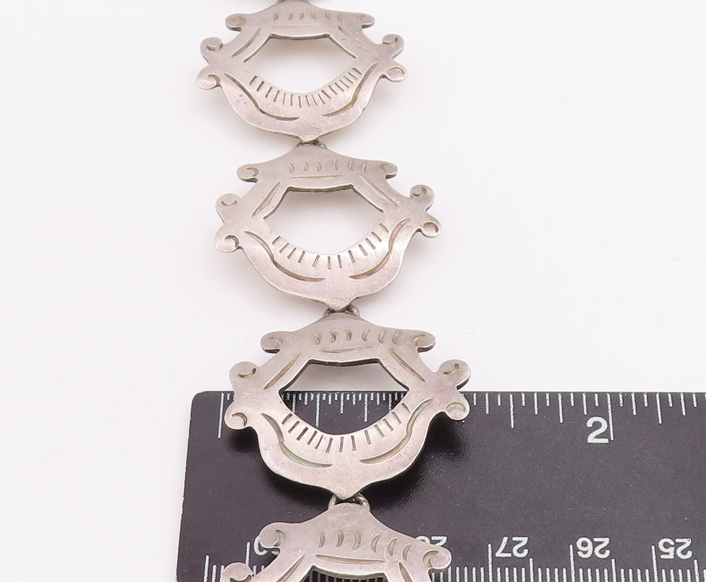 925 Sterling Silver Vintage Bracelet MEXICO Swirly Etched Frames Linked  BT10572