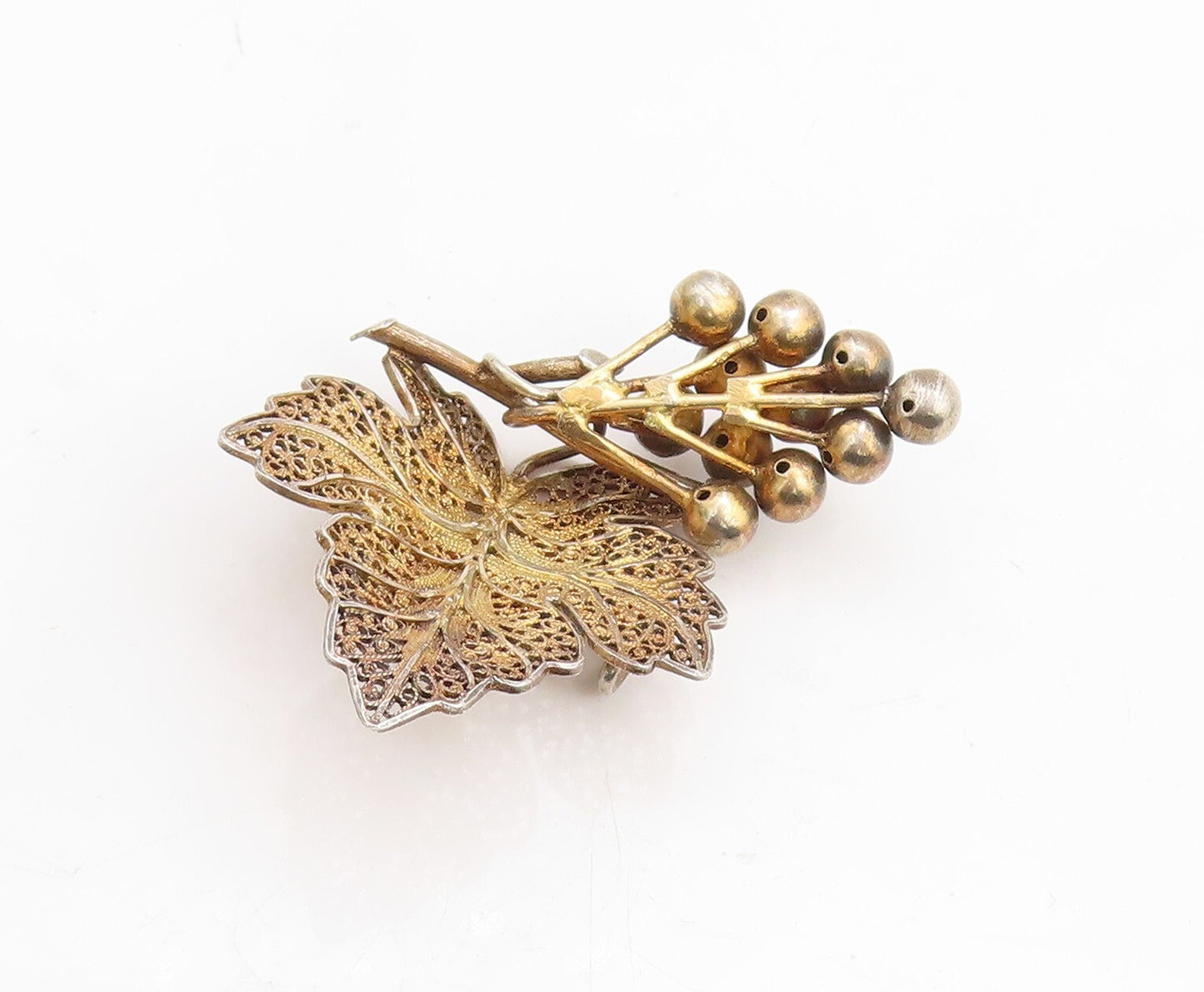 925 Sterling Silver Vintage Brooch Pin EUROPE Gold Plated Grapes Leaf  BP11353