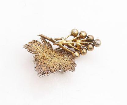 925 Sterling Silver Vintage Brooch Pin EUROPE Gold Plated Grapes Leaf  BP11353