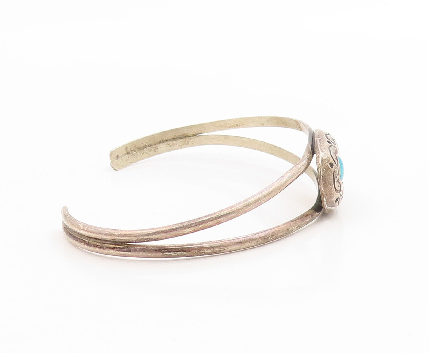 925 Sterling Silver Vintage Bracelet NAVAJO Blue Turquoise Etched Cuff  BT11994