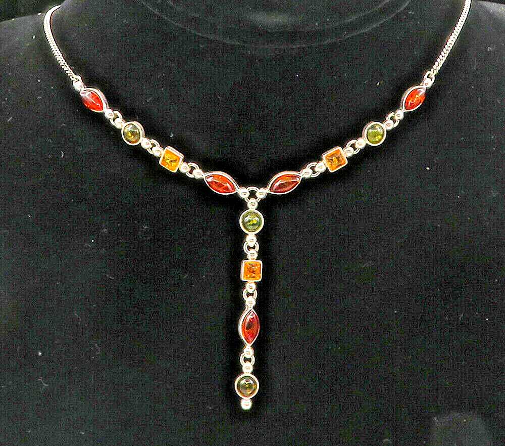 925 Sterling Silver  Multi Shape Amber Petite Curb Link Chain Necklace  NE1737