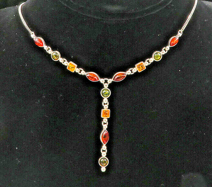 925 Sterling Silver  Multi Shape Amber Petite Curb Link Chain Necklace  NE1737
