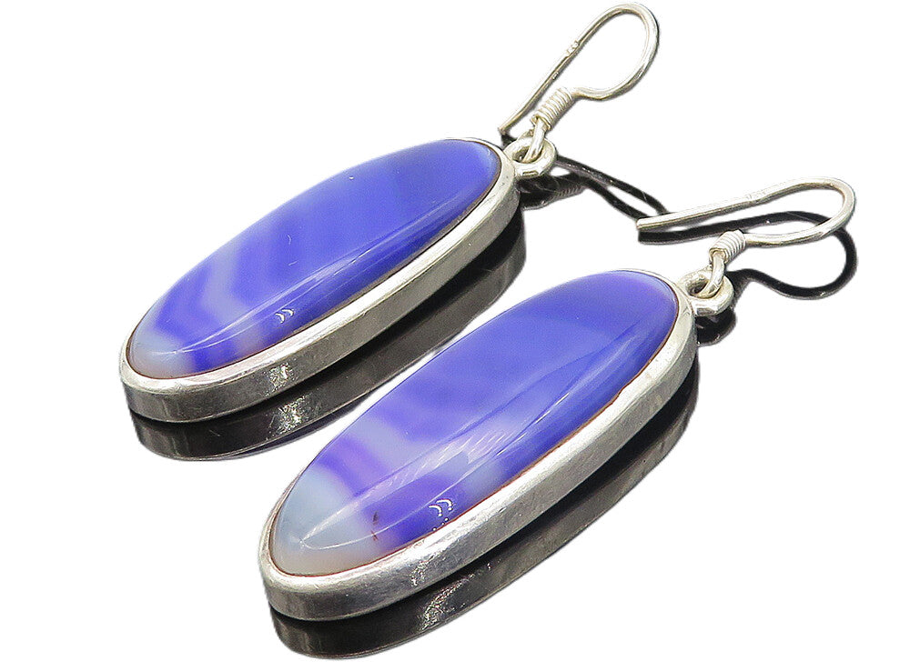 925 Sterling Silver Cabochon Cut Purple Agate Shiny Dangle Earrings EG3020