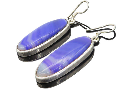 925 Sterling Silver Cabochon Cut Purple Agate Shiny Dangle Earrings EG3020