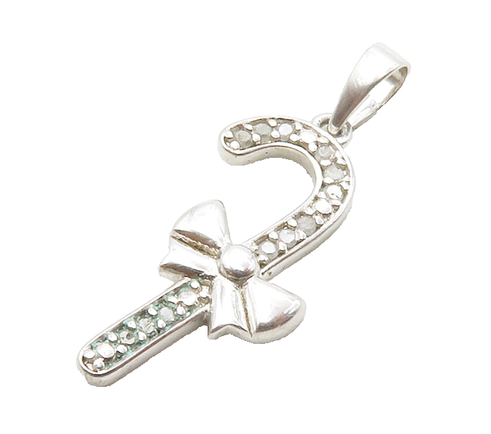 925 Sterling Silver Shiny Genuine Diamonds Candy Cane Bow Pendant  PT10441