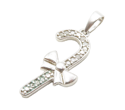 925 Sterling Silver Shiny Genuine Diamonds Candy Cane Bow Pendant  PT10441