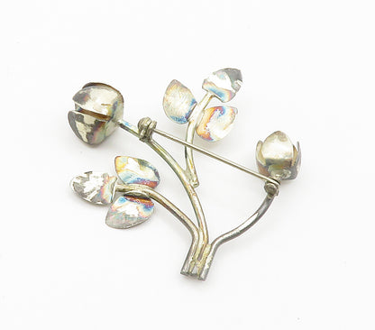 925 Sterling Silver  Vintage Blooming Flowers Motif Etched Brooch Pin  BP5790