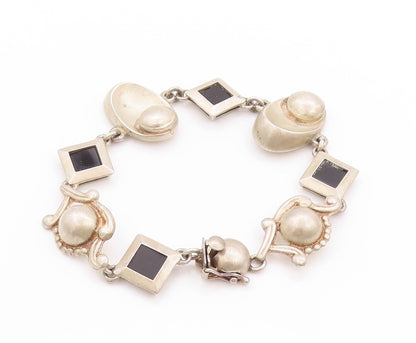 925 Sterling Silver Vintage Bracelet Square Onyx & Designer Sphere Links BT11253