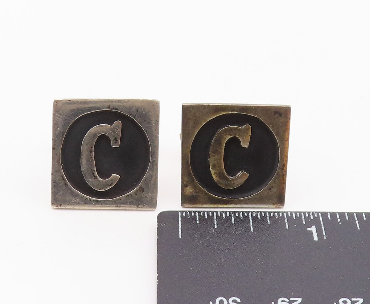 MEXICO 925 Sterling Silver  Vintage Carved Initial C Square Cufflinks  TR3373