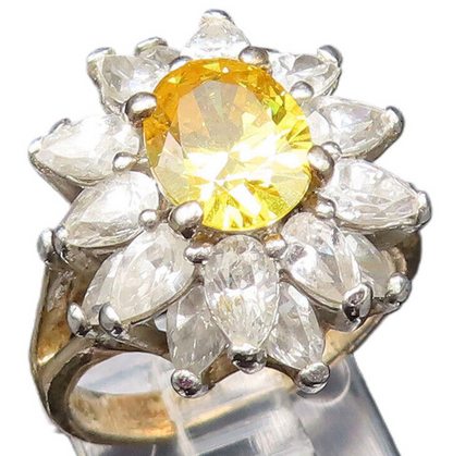 925 Sterling Silver Vintage Citrine & Cubic Zirconia Flower Ring Sz 7.5  RG25496