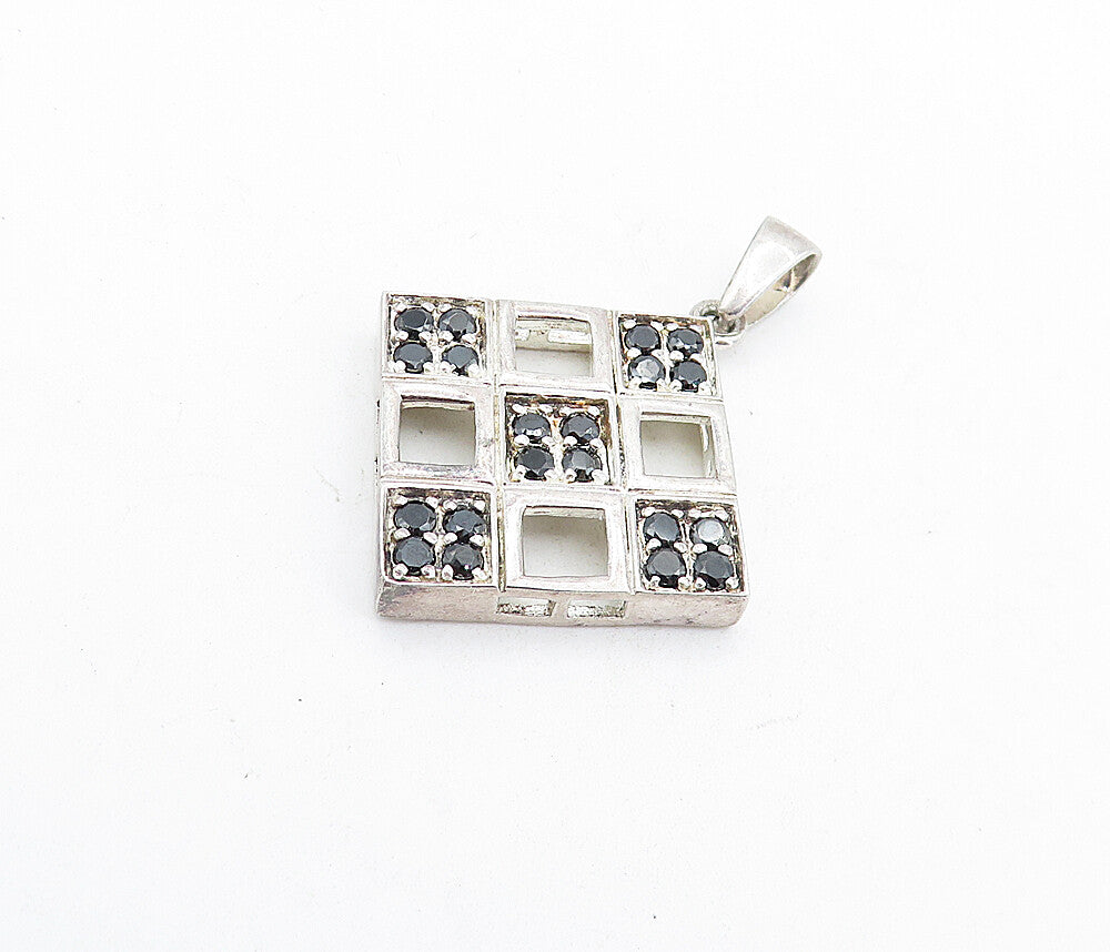 925 Sterling Silver  Vintage Black Hematite Square Grid Design Pendant  PT4588