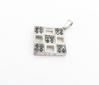 925 Sterling Silver  Vintage Black Hematite Square Grid Design Pendant  PT4588