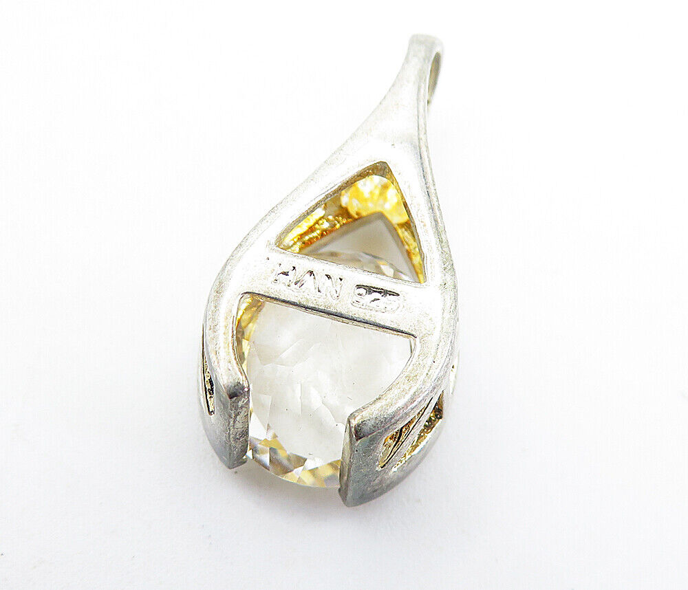 925 Sterling Silver - Vintage Faceted Topaz Cutout Detail Drop Pendant - PT4727